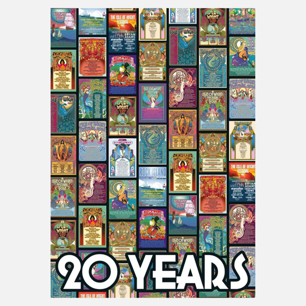 A 20 Years Anniversary Art Poster featuring a grid collage of colorful Isle of Wight Festival posters with the words 20 YEARS in large white text across the bottom.