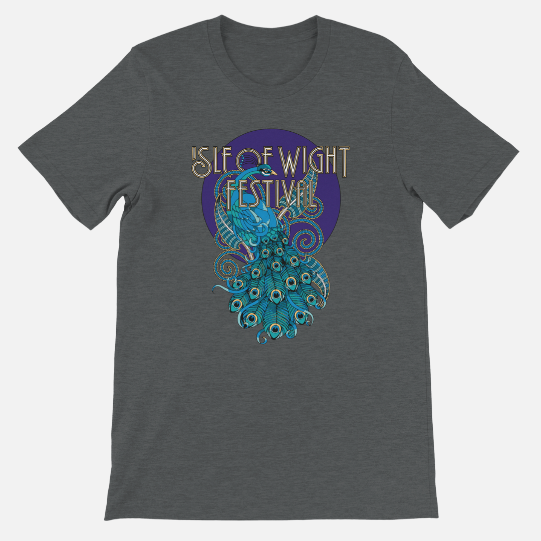 Grey IOW Historic Peacock T-Shirt featuring a peacock graphic with the text Isle of Wight Festival above it in a unisex tailored fit.