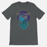 Grey IOW Historic Peacock T-Shirt featuring a peacock graphic with the text Isle of Wight Festival above it in a unisex tailored fit.