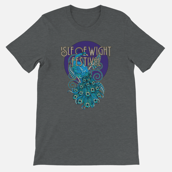 Grey IOW Historic Peacock T-Shirt featuring a peacock graphic with the text Isle of Wight Festival above it in a unisex tailored fit.