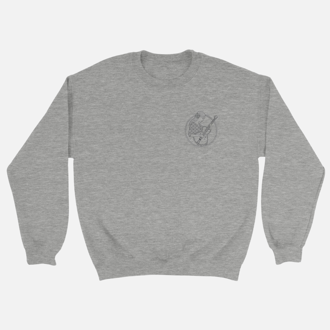 Grey Isle of Wight Festival 2025 Event Crewneck Sweatshirt featuring a circular line-art graphic of a person playing an acoustic guitar on the left chest.
