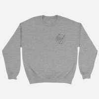 Grey Isle of Wight Festival 2025 Event Crewneck Sweatshirt featuring a circular line-art graphic of a person playing an acoustic guitar on the left chest.