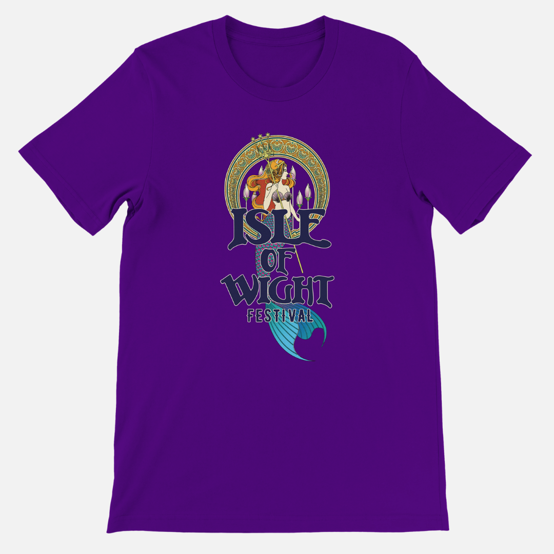 IOW Historic Mermaid T-Shirt Purple, an eco-friendly unisex tailored fit t-shirt featuring a graphic of a mermaid inside a decorative circular frame, with the text Isle of Wight Festival below.