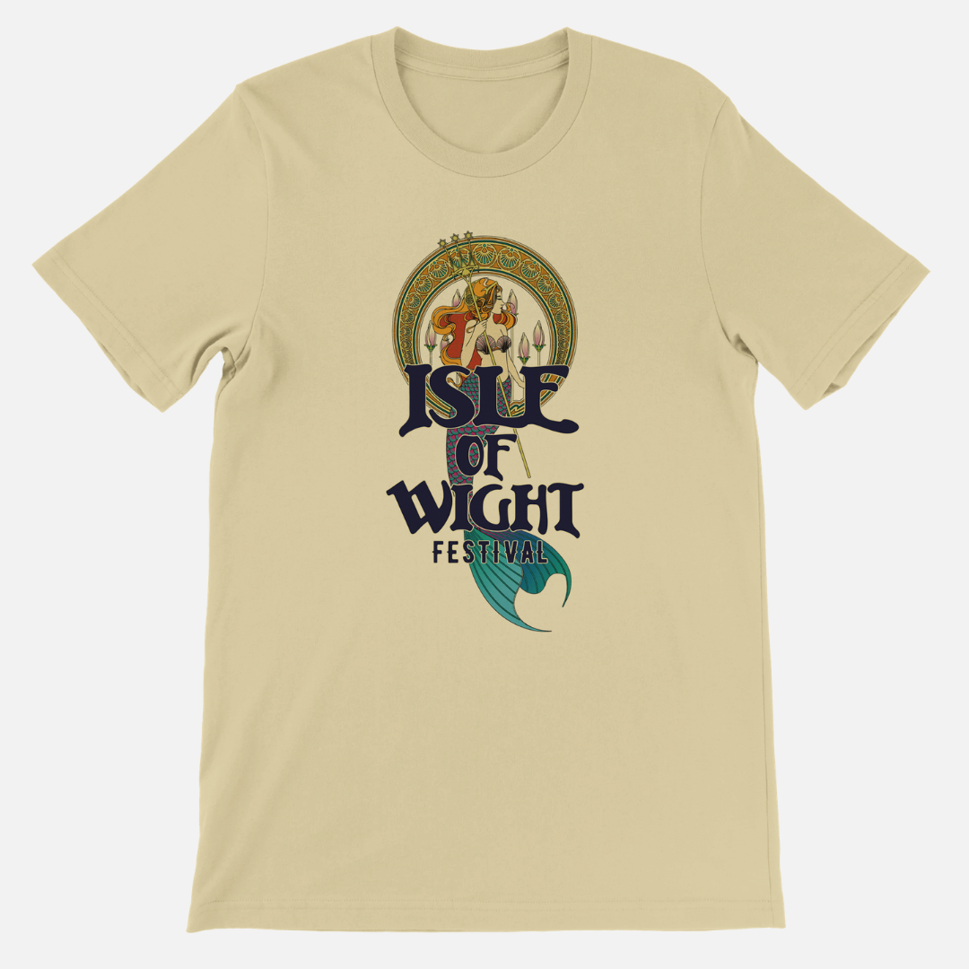An IOW Historic Mermaid T-Shirt Natural, featuring a tan, eco-friendly unisex fit with a graphic of a mermaid inside an ornate circular frame above the text Isle of Wight Festival.