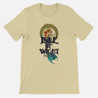 An IOW Historic Mermaid T-Shirt Natural, featuring a tan, eco-friendly unisex fit with a graphic of a mermaid inside an ornate circular frame above the text Isle of Wight Festival.