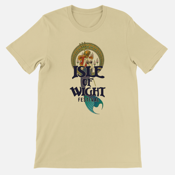 An IOW Historic Mermaid T-Shirt Natural, featuring a tan, eco-friendly unisex fit with a graphic of a mermaid inside an ornate circular frame above the text Isle of Wight Festival.