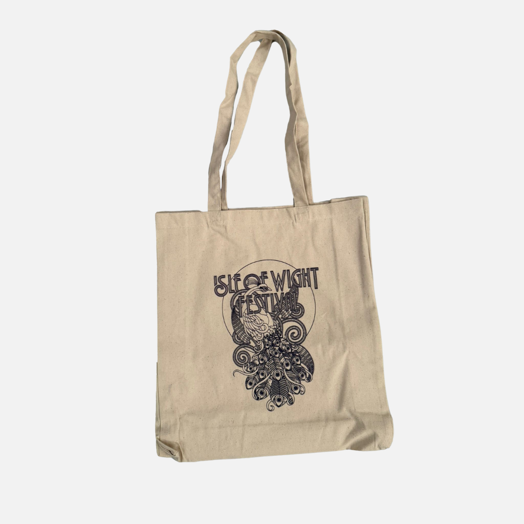 Isle of Wight Festival 2025 Peacock Tote Bag featuring a black line art peacock design, perfect for all your festival essentials.