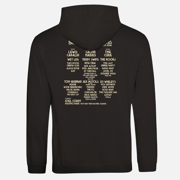 Woman in The Moon Black 2026 Event Hoodie in black ringspun cotton, featuring a list of music festival performers arranged by day and stage name on the back.