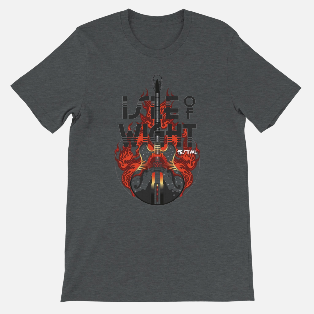 Dark grey, unisex tailored fit Rock N Lighthouse T-shirt featuring a graphic of an electric guitar surrounded by flames and the text Isle of Wight Festival.