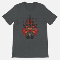 Dark grey, unisex tailored fit Rock N Lighthouse T-shirt featuring a graphic of an electric guitar surrounded by flames and the text Isle of Wight Festival.