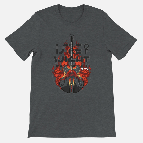 Dark grey, unisex tailored fit Rock N Lighthouse T-shirt featuring a graphic of an electric guitar surrounded by flames and the text Isle of Wight Festival.