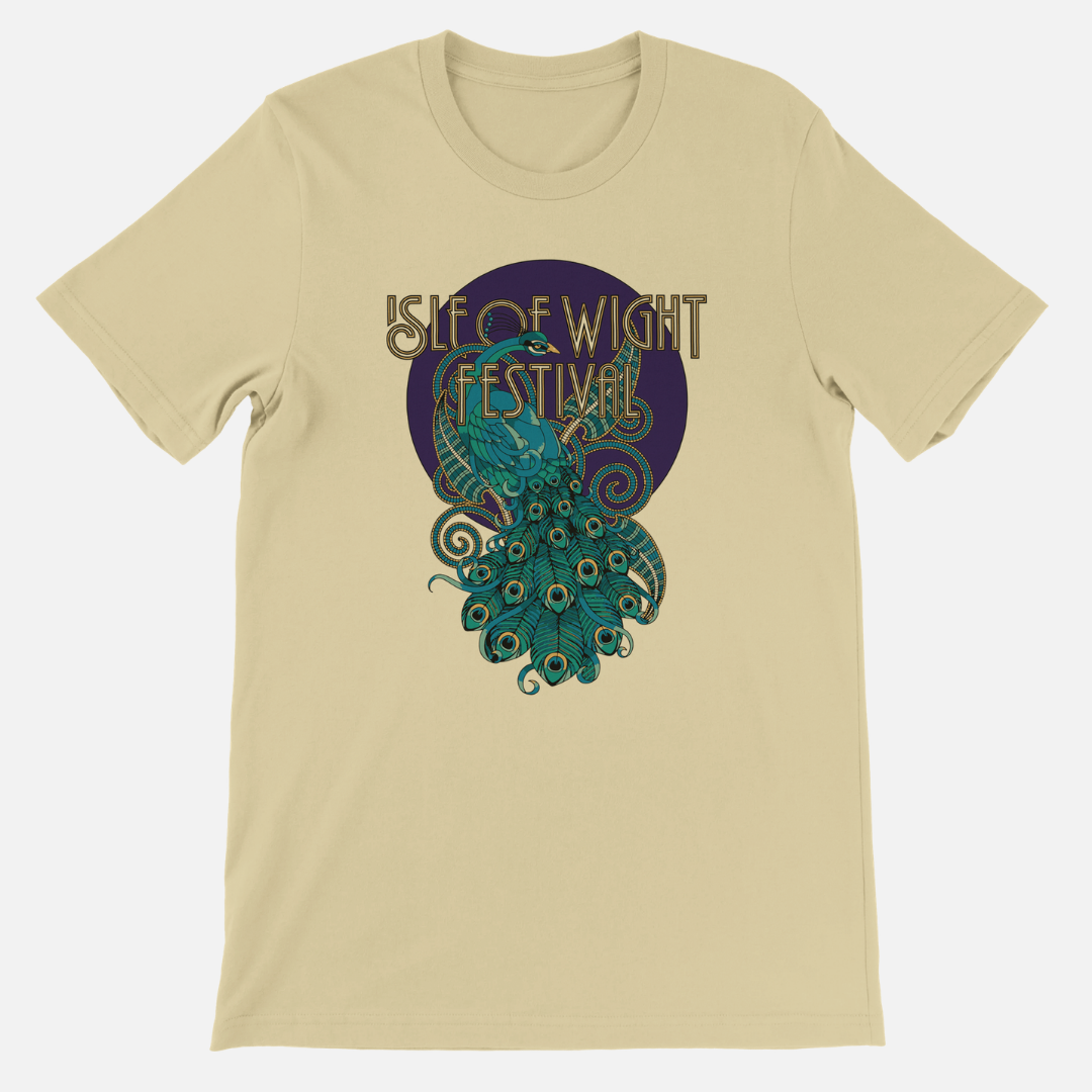 IOW Historic Peacock T-Shirt Natural: a tan crew neck unisex tailored fit t-shirt featuring a peacock graphic with elaborate tail feathers and Isle of Wight Festival text in an art deco font.