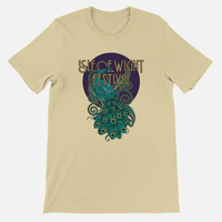 IOW Historic Peacock T-Shirt Natural: a tan crew neck unisex tailored fit t-shirt featuring a peacock graphic with elaborate tail feathers and Isle of Wight Festival text in an art deco font.