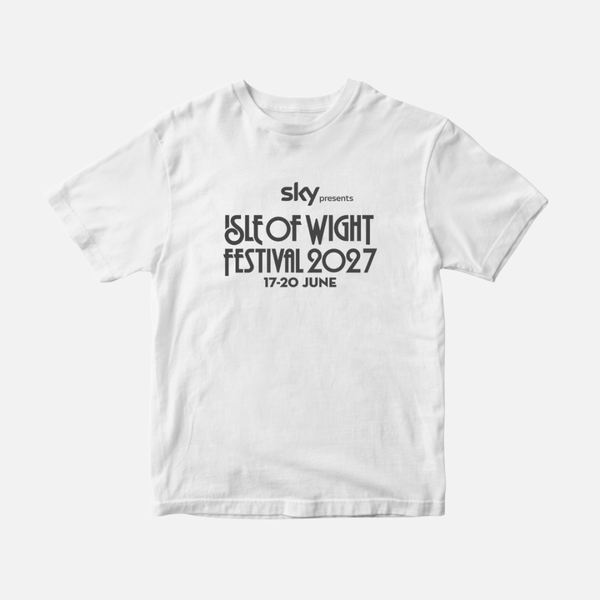 PRE-ORDER 2027 Line-Up T-Shirt in white with black text featuring the Isle of Wight Festival 2027 line-up details for 17-20 June.
