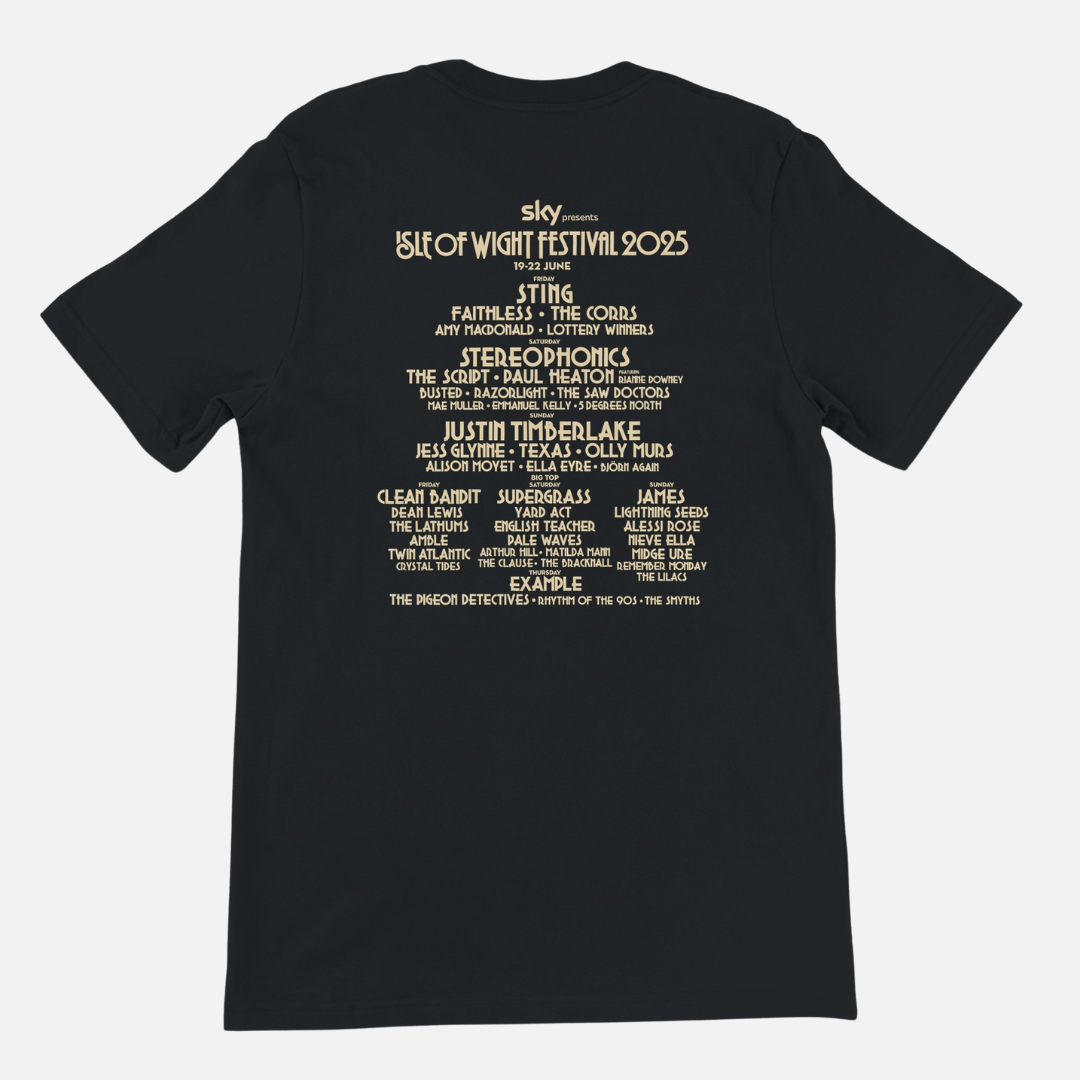 Black Isle of Wight Festival 2025 Event Crewneck T-shirt in eco-friendly Airlume cotton, featuring the festival logo on the front and a list of performing artists on the back.