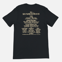 Black Isle of Wight Festival 2025 Event Crewneck T-shirt in eco-friendly Airlume cotton, featuring the festival logo on the front and a list of performing artists on the back.