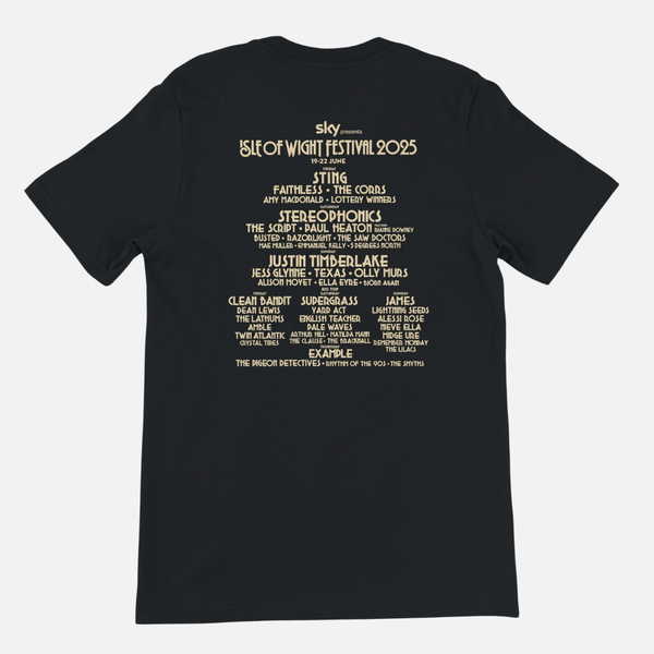 Black Isle of Wight Festival 2025 Event Crewneck T-shirt in eco-friendly Airlume cotton, featuring the festival logo on the front and a list of performing artists on the back.