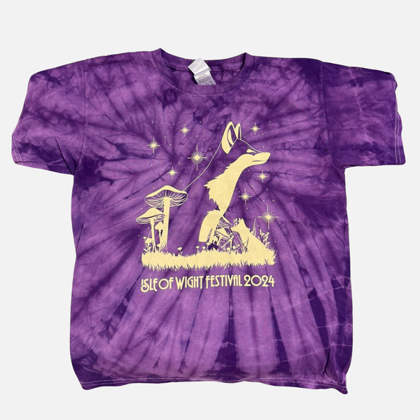 Isle of Wight 2024 Kids Purple Tie Dye T-Shirt featuring a gold graphic of a fox, mushrooms, and stars above the text Isle of Wight Festival 2024.