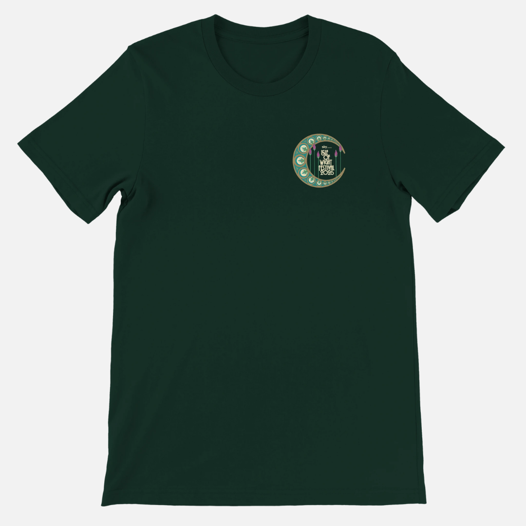 Dark green Airlume cotton crewneck Crescent Patch 2026 Line-Up Green T-Shirt with a small circular logo on the left chest featuring a crescent moon and festival text.
