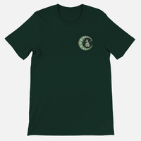 Dark green Airlume cotton crewneck Crescent Patch 2026 Line-Up Green T-Shirt with a small circular logo on the left chest featuring a crescent moon and festival text.