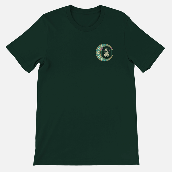 Dark green Airlume cotton crewneck Crescent Patch 2026 Line-Up Green T-Shirt with a small circular logo on the left chest featuring a crescent moon and festival text.