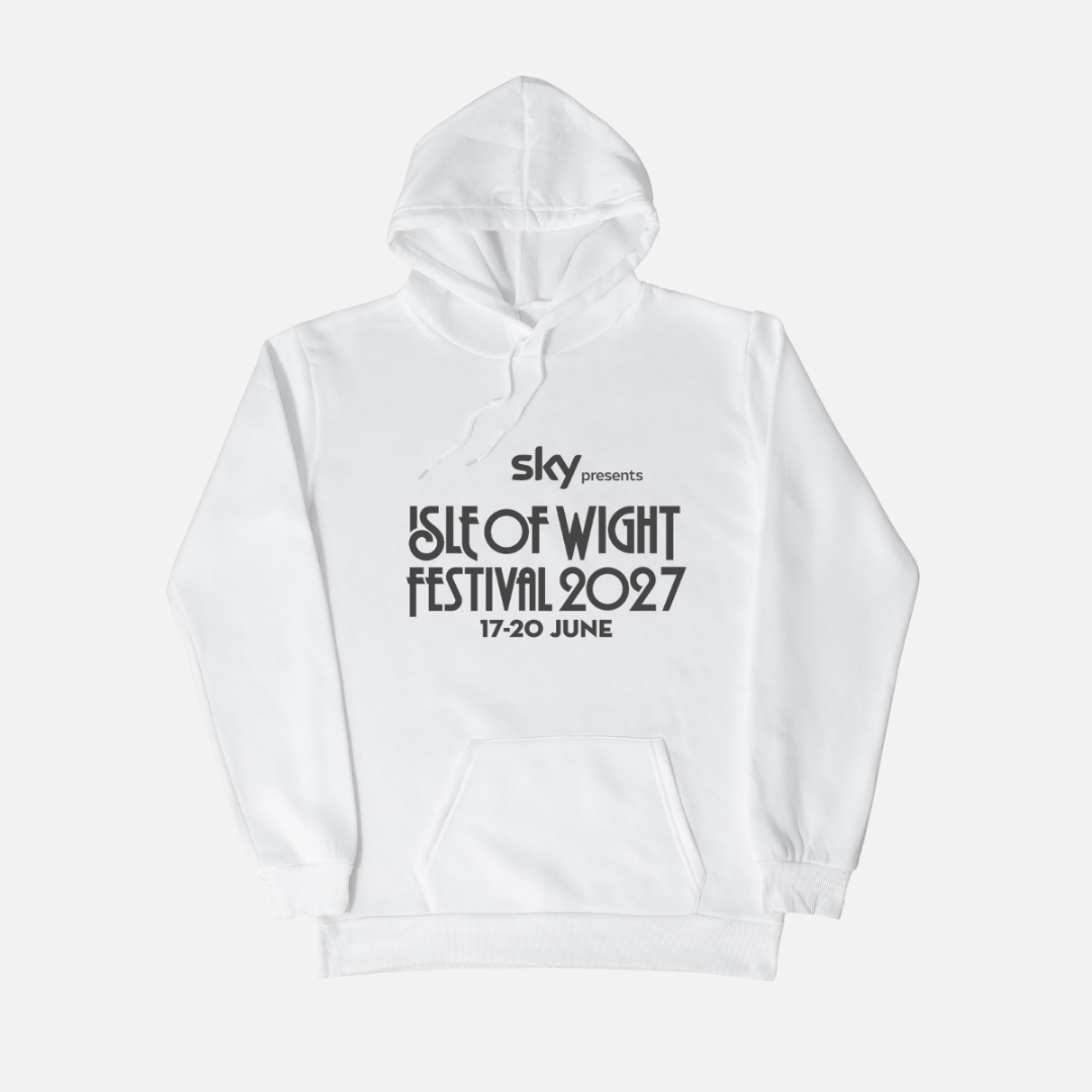 White hooded PRE-ORDER 2027 Line-Up Hoodie printed with Sky presents Isle of Wight Festival 2027, 17-20 June, including the headlining artists.