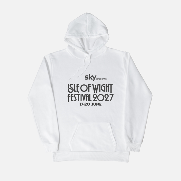 White hooded PRE-ORDER 2027 Line-Up Hoodie printed with Sky presents Isle of Wight Festival 2027, 17-20 June, including the headlining artists.