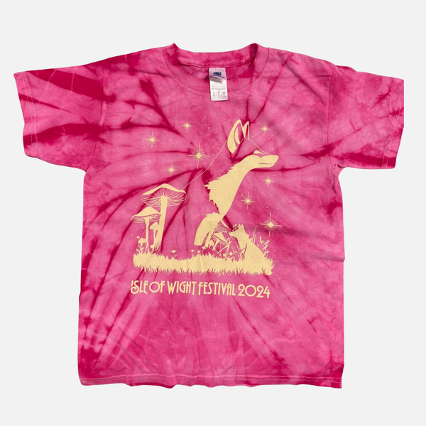Historic Isle of Wight 2024 Kids Pink Tie Dye T-Shirt featuring a gold graphic of a stylized animal, mushrooms, and stars, with Isle of Wight Festival 2024 printed at the bottom.