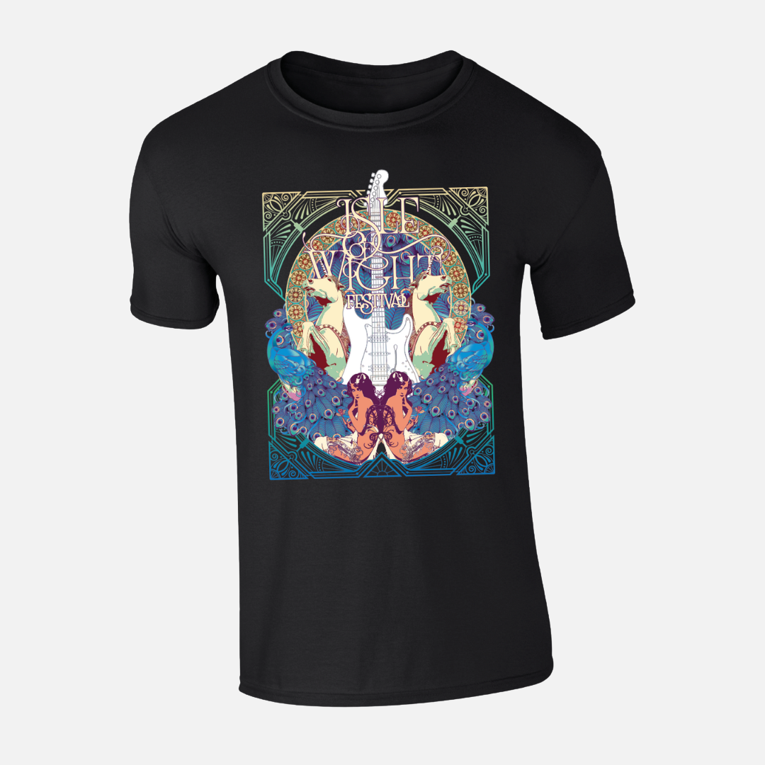 Black Historic 25th Anniversary T-Shirt featuring an art nouveau graphic of a white guitar, two unicorns, and two women surrounded by peacock feathers.
