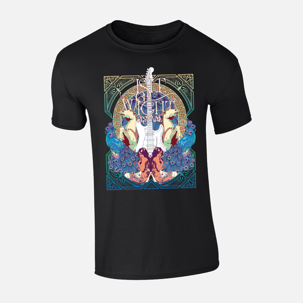 Black Historic 25th Anniversary T-Shirt featuring an art nouveau graphic of a white guitar, two unicorns, and two women surrounded by peacock feathers.