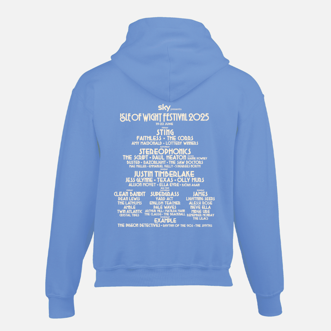 Blue Isle of Wight Festival 2025 Event Kids Hoodie featuring a white graphic on the back with the 2025 festival lineup, including headliners Sting, Stereophonics, and Justin Timberlake.