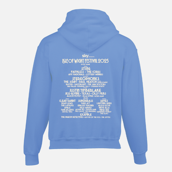 Blue Isle of Wight Festival 2025 Event Kids Hoodie featuring a white graphic on the back with the 2025 festival lineup, including headliners Sting, Stereophonics, and Justin Timberlake.