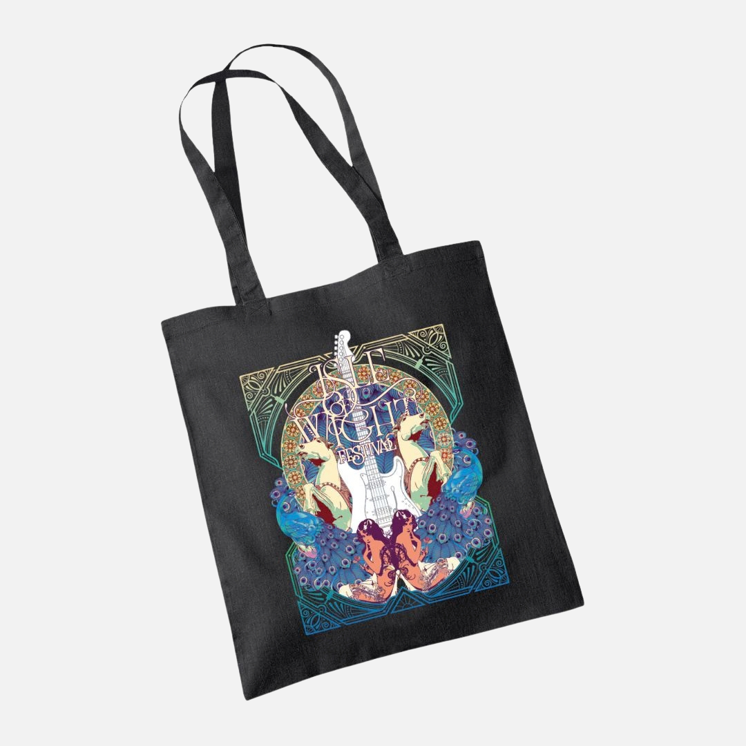 Isle of Wight 25th Anniversary Tote Bag featuring an Isle of Wight Festival graphic with a white electric guitar, two figures, and ornate blue and gold patterned borders.