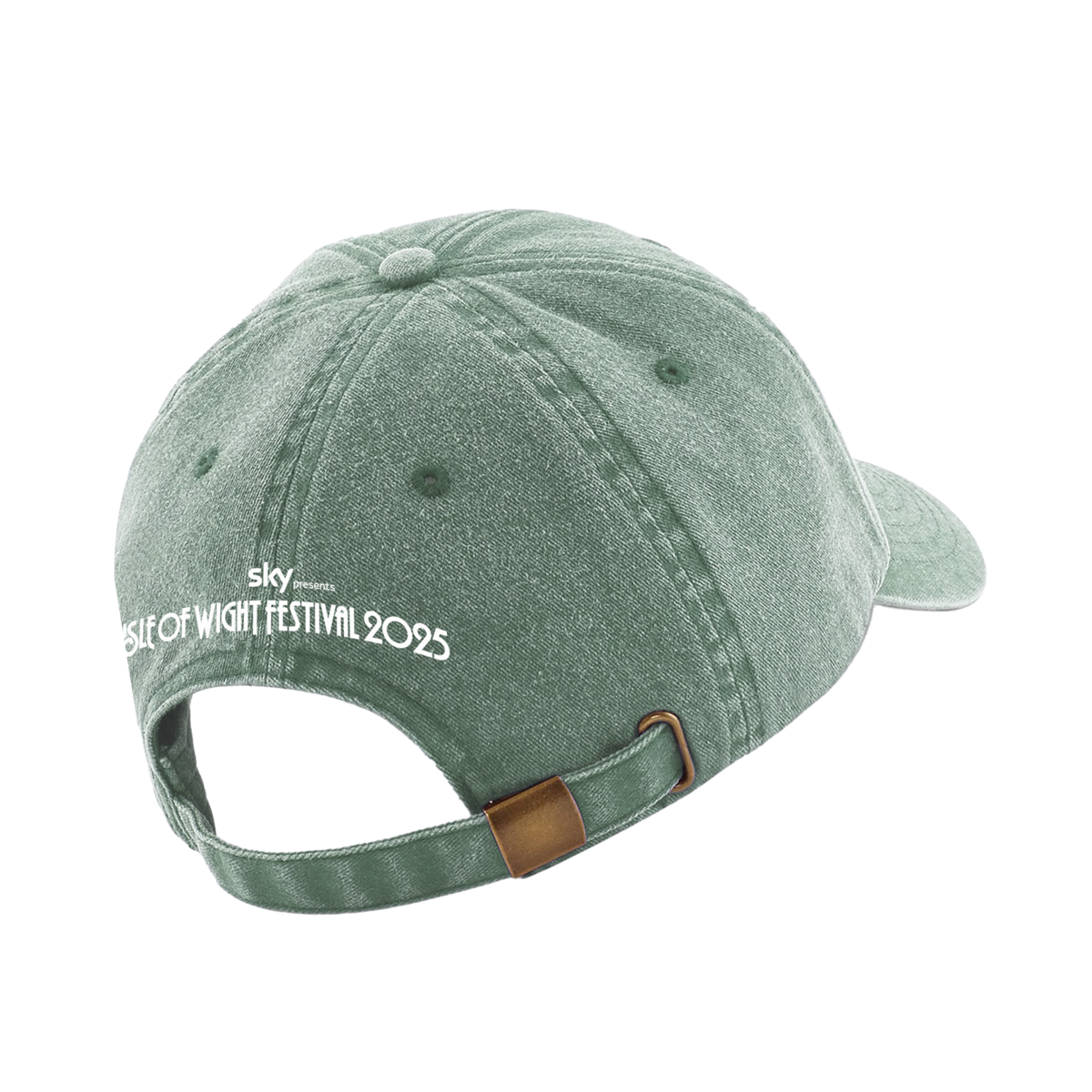 The Isle of Wight Festival 2025 Cap Vintage Sage by 2025 features a distressed finish, adjustable strap with metal clasp, and “Sky Isle of Wight Festival 2025” embroidered on the back—ideal for your festival look.