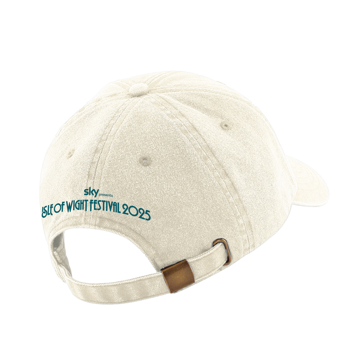 The Isle of Wight Festival 2025 Cap Vintage Sand by 2025 features embroidered teal text on the back reading SKY PRESENTS ISLE OF WIGHT FESTIVAL 2025 above an adjustable strap with a metal buckle—ideal for festival style.