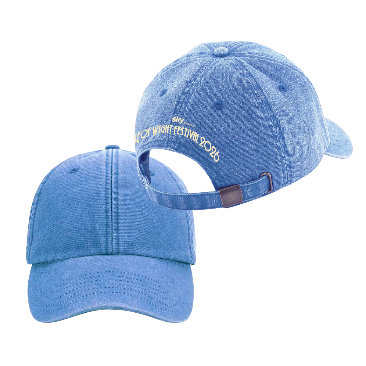 Two blue denim 2026 Blue Caps by IOW 2026. One cap displays the front with a curved brim and stitched panels, while the other reveals the back with an adjustable strap and yellow embroidered text that reads "ISLE OF WIGHT FESTIVAL 2026.