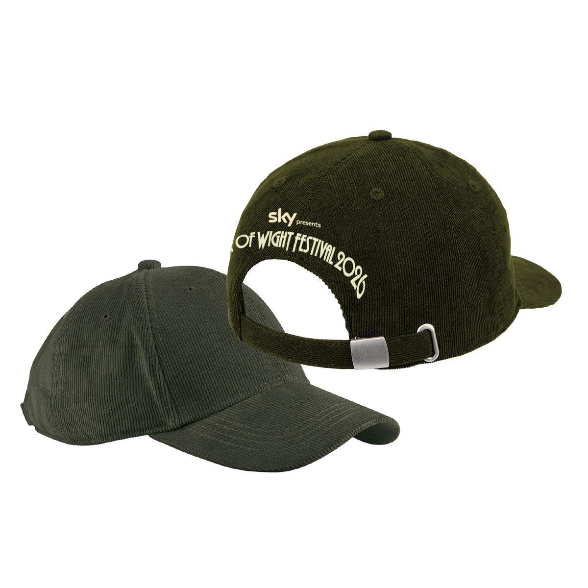 Two green IOW 2026 Logo Vintage Caps. One displays the front with a curved brim, while the other shows the back with “Sky presents Isle of Wight Festival 2024” embroidered above an adjustable strap.