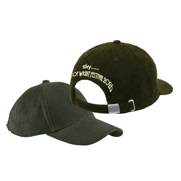 Two green IOW 2026 Logo Vintage Caps. One displays the front with a curved brim, while the other shows the back with “Sky presents Isle of Wight Festival 2024” embroidered above an adjustable strap.