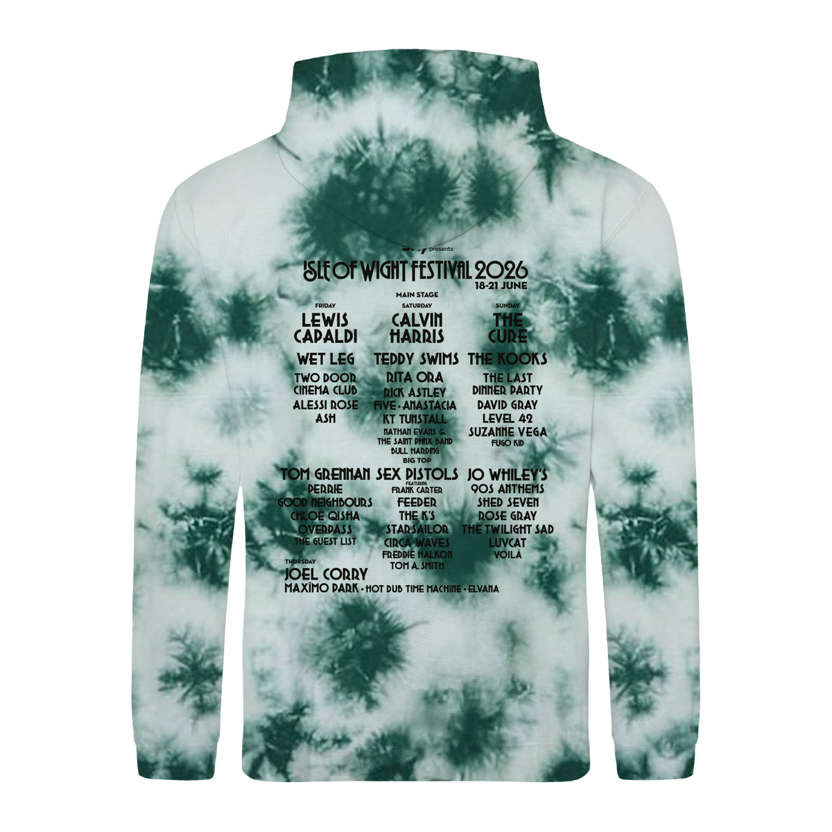 The IOW 2026 "2026 Peacock Tie Dye Line Up Hoody Kids" features a vibrant tie-dye design and displays the Isle of Wight Festival 2026 lineup, including headliners Lewis Capaldi, Calvin Harris, The Cure, Wet Leg, Teddy Swims, The Rooks, and other artists listed in black text on the back.