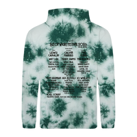 The IOW 2026 "2026 Peacock Tie Dye Line Up Hoody Kids" features a vibrant tie-dye design and displays the Isle of Wight Festival 2026 lineup, including headliners Lewis Capaldi, Calvin Harris, The Cure, Wet Leg, Teddy Swims, The Rooks, and other artists listed in black text on the back.