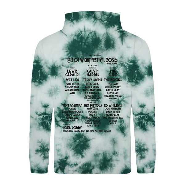 The IOW 2026 "2026 Peacock Tie Dye Line Up Hoody Kids" features a vibrant tie-dye design and displays the Isle of Wight Festival 2026 lineup, including headliners Lewis Capaldi, Calvin Harris, The Cure, Wet Leg, Teddy Swims, The Rooks, and other artists listed in black text on the back.