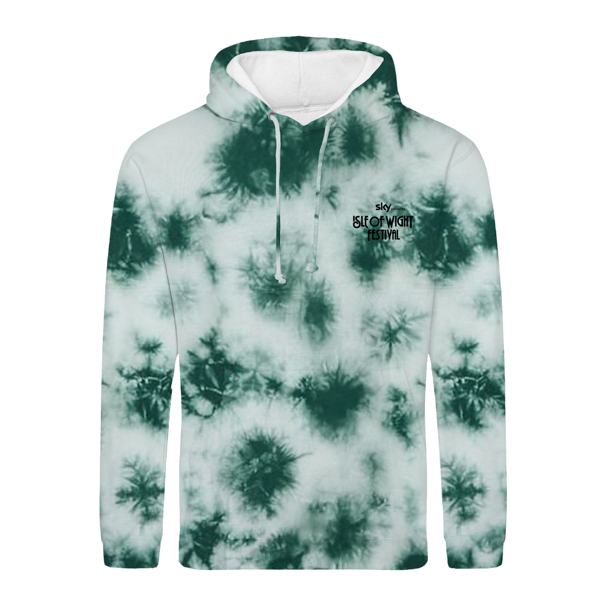 The 2026 Peacock Tie Dye Line Up Hoody Kids by IOW 2026 features a green and white tie-dye design, with Isle of Wight Festival text and a small logo on the left chest. It includes a front pocket and white drawstrings.