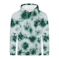 The 2026 Peacock Tie Dye Line Up Hoody Kids by IOW 2026 features a green and white tie-dye design, with Isle of Wight Festival text and a small logo on the left chest. It includes a front pocket and white drawstrings.