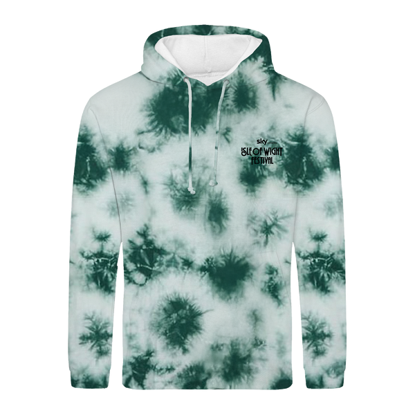 The 2026 Peacock Tie Dye Line Up Hoody Kids by IOW 2026 features a green and white tie-dye design, with Isle of Wight Festival text and a small logo on the left chest. It includes a front pocket and white drawstrings.