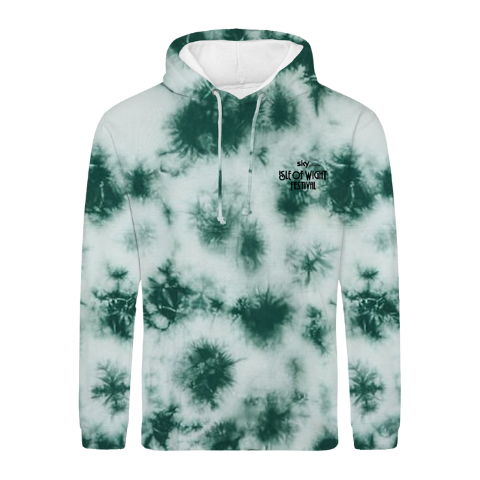 The 2026 Peacock Tie Dye Line Up Hoody Kids by IOW 2026 features a green and white tie-dye design, with Isle of Wight Festival text and a small logo on the left chest. It includes a front pocket and white drawstrings.