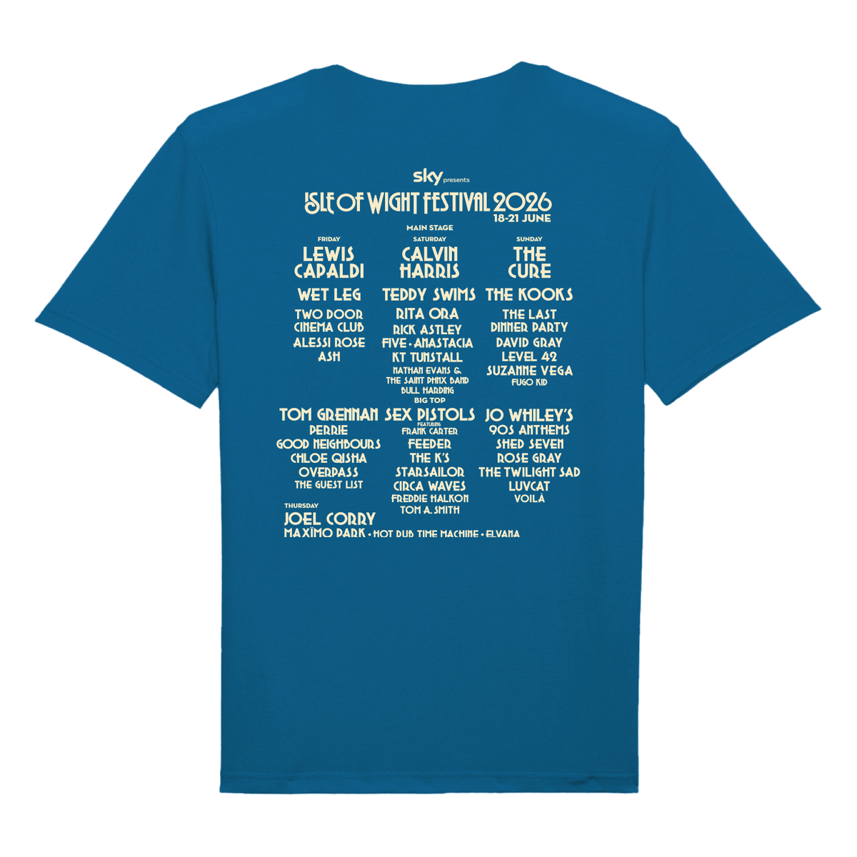The IOW 2026 Event Kids Sapphire Blue T Shirt is perfect for young festival-goers, featuring vibrant festival artwork for the Isle of Wight Festival 2024 and dates. Crisp white text on the back lists headliners like Lewis Capaldi, Calvin Harris, The Cure, and many more artists. An officially branded IOW 2026 t-shirt that keeps kids stylish at any event!.