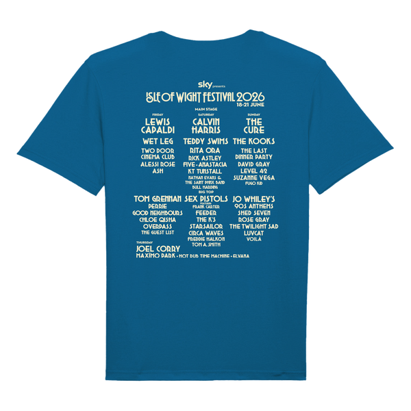 The IOW 2026 Event Kids Sapphire Blue T Shirt is perfect for young festival-goers, featuring vibrant festival artwork for the Isle of Wight Festival 2024 and dates. Crisp white text on the back lists headliners like Lewis Capaldi, Calvin Harris, The Cure, and many more artists. An officially branded IOW 2026 t-shirt that keeps kids stylish at any event!.