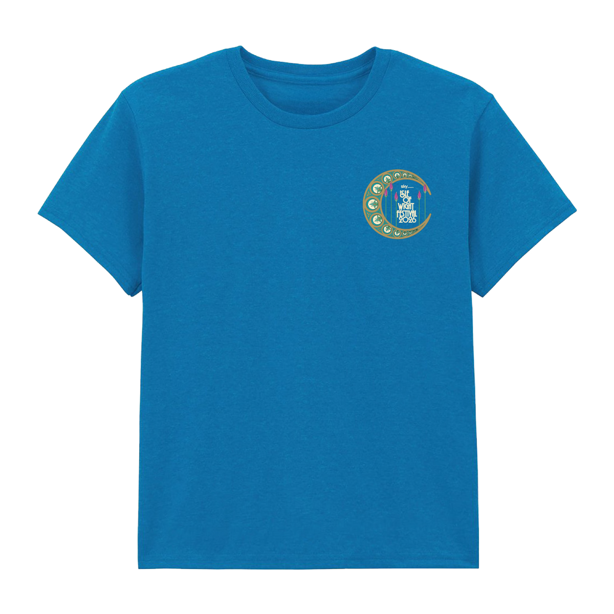 IOW 2026 Event Kids Sapphire Blue T Shirt featuring a small circular logo with festival artwork and the words “Light Magic Parade” on the left chest, accented by crescent moon shapes in a circular pattern.
