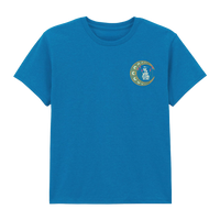 IOW 2026 Event Kids Sapphire Blue T Shirt featuring a small circular logo with festival artwork and the words “Light Magic Parade” on the left chest, accented by crescent moon shapes in a circular pattern.