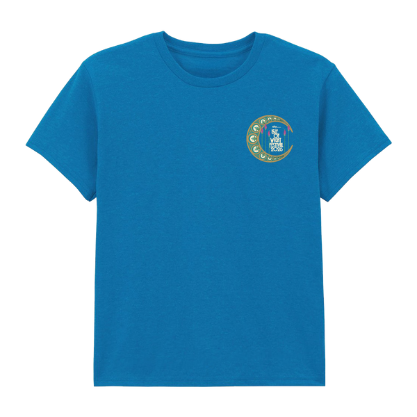 IOW 2026 Event Kids Sapphire Blue T Shirt featuring a small circular logo with festival artwork and the words “Light Magic Parade” on the left chest, accented by crescent moon shapes in a circular pattern.